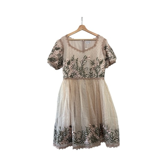Belle Terre Cream Blush Embroidered Tulle Floral Dot Dress Feminine Fairycore XL - Picture 2 of 10